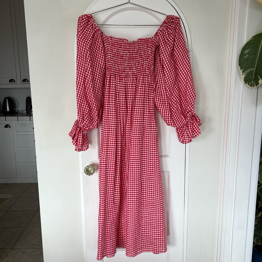 Red and white Atlanta checkered/gingham linen dress from Sleeper.
